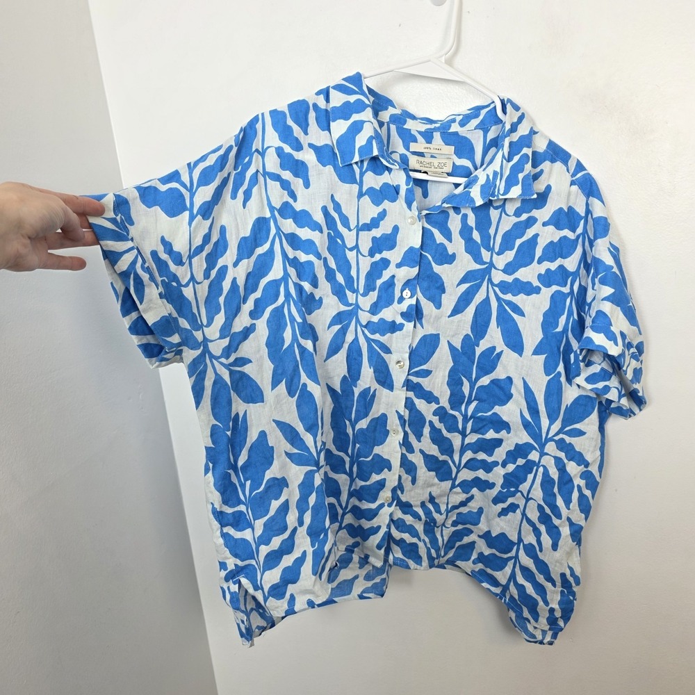 Rachel Zoe Blue White Printed 100% Linen Beachy Coastal Button Up Shirt Size XL - Picture 2 of 6